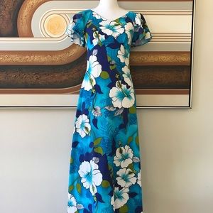 🌺Vintage 60s Hawaiian Floral Blue Maxi Dress Sz 2